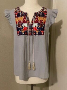 THML Blue Blouse with Colorful Embroidery and Ruffle Sleeves